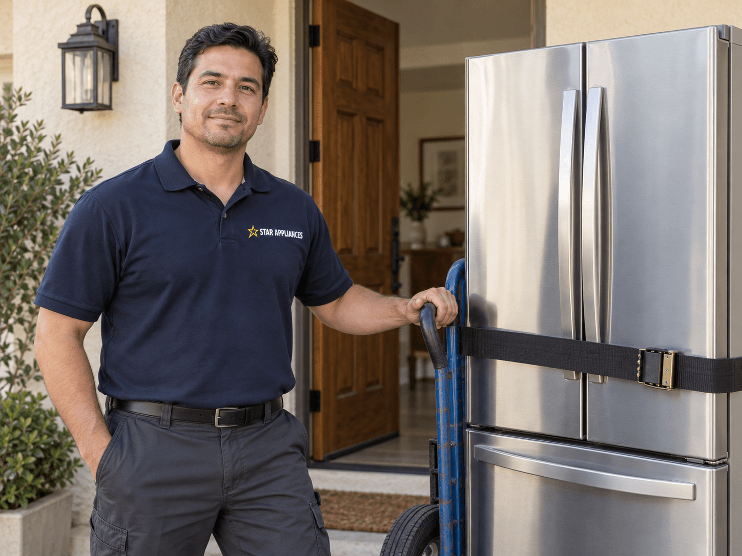 Delivery technician in a Star Appliances branded navy polo beside a refrigerator secured to an appliance dolly
